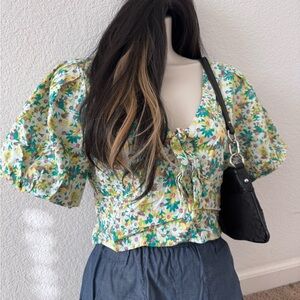 Floral Puff Sleeve Blouse with Tie Front
